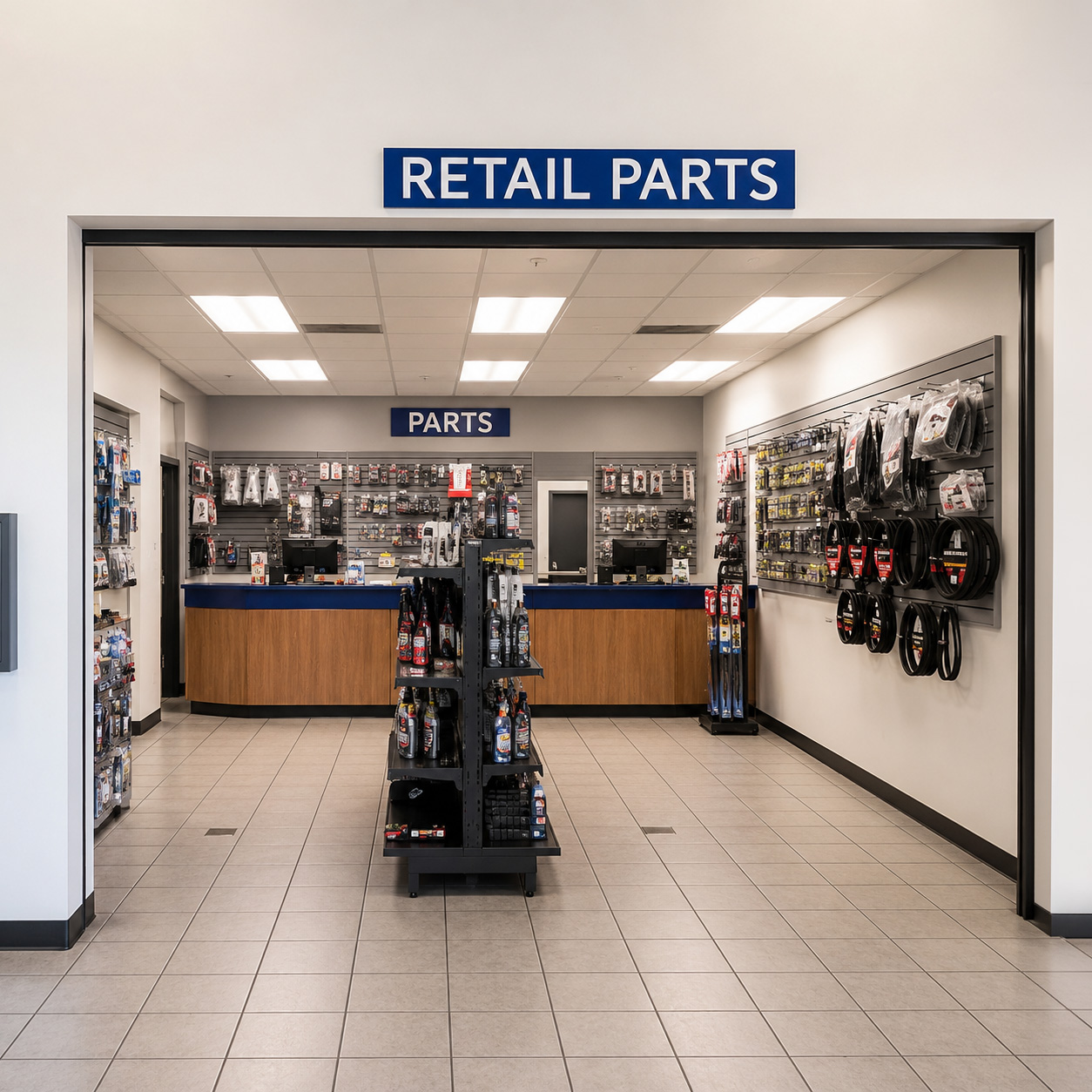 Delta Honda parts department retail counter in Pittsburg, California, featuring OEM Honda parts, accessories, maintenance products, wiper blades, belts, and vehicle care items displayed throughout a clean, modern dealership parts showroom.