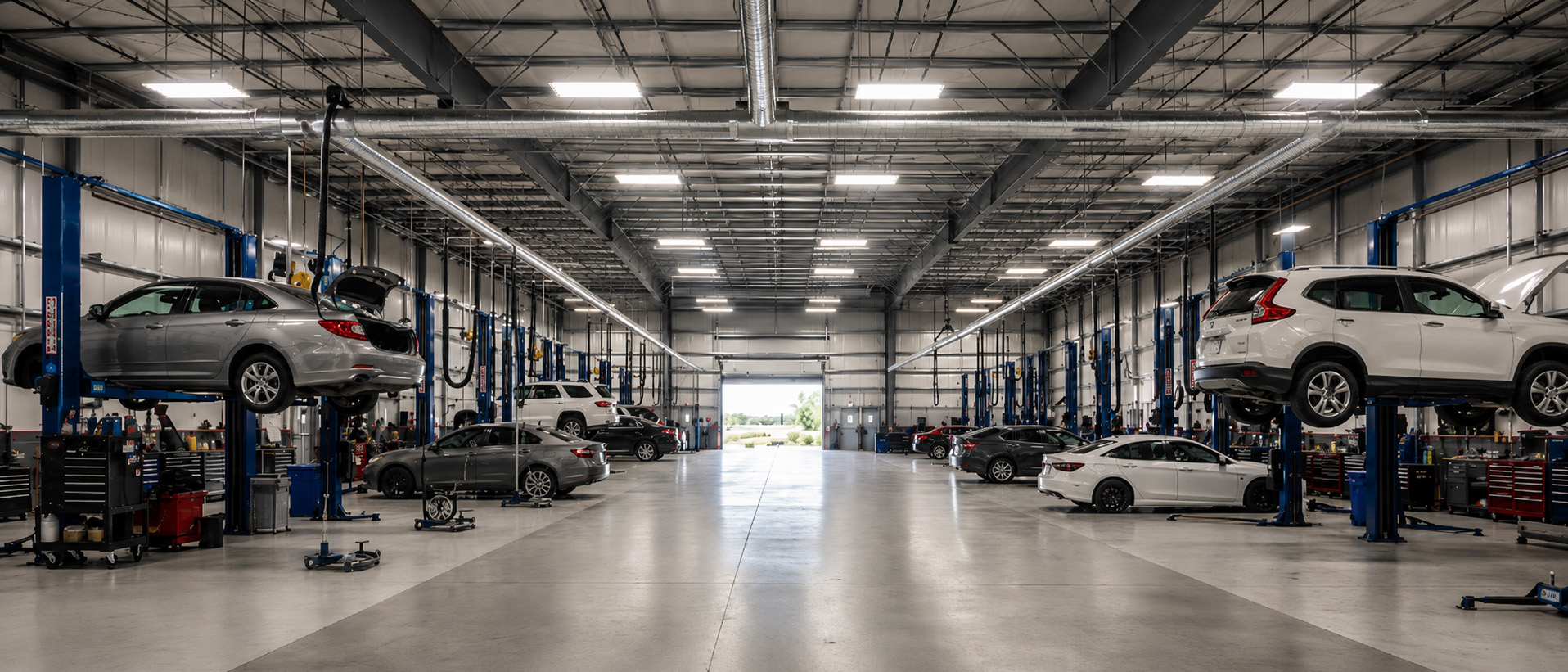 Delta Honda service center in Pittsburg, California, with multiple Honda vehicles undergoing maintenance and repair in a large indoor service facility featuring vehicle lifts, factory-trained technician workstations, and modern automotive service equipment.