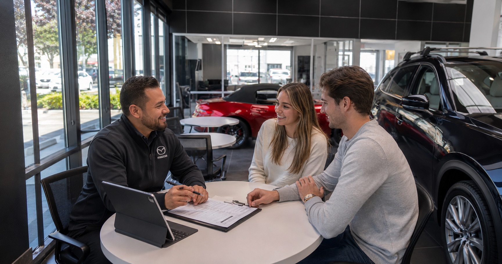 Dublin Mazda team member reviewing trade-in or finance paperwork with two customers at a round table inside the showroom, with Mazda vehicles displayed nearby.