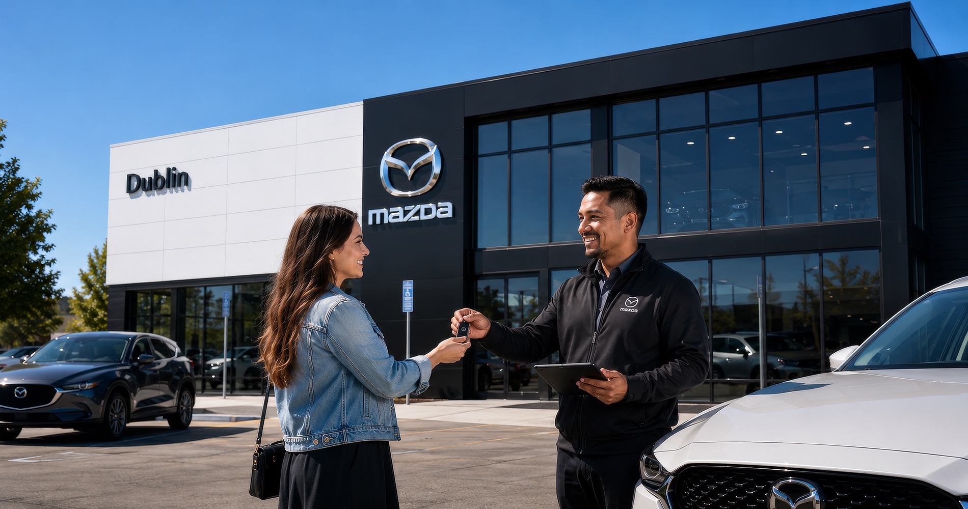 Customer receiving keys from a Dublin Mazda team member outside the Dublin Mazda showroom, with Mazda vehicles on the lot and dealership signage visible.