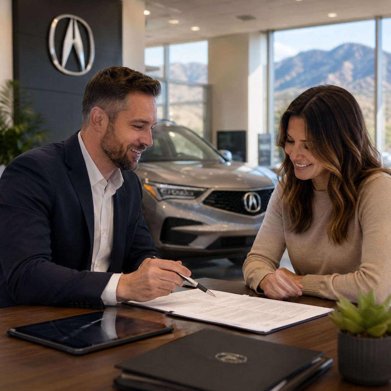 Acura lease consultation at Fisher Acura in Boulder with a lease consultant reviewing paperwork with a customer in a modern showroom.