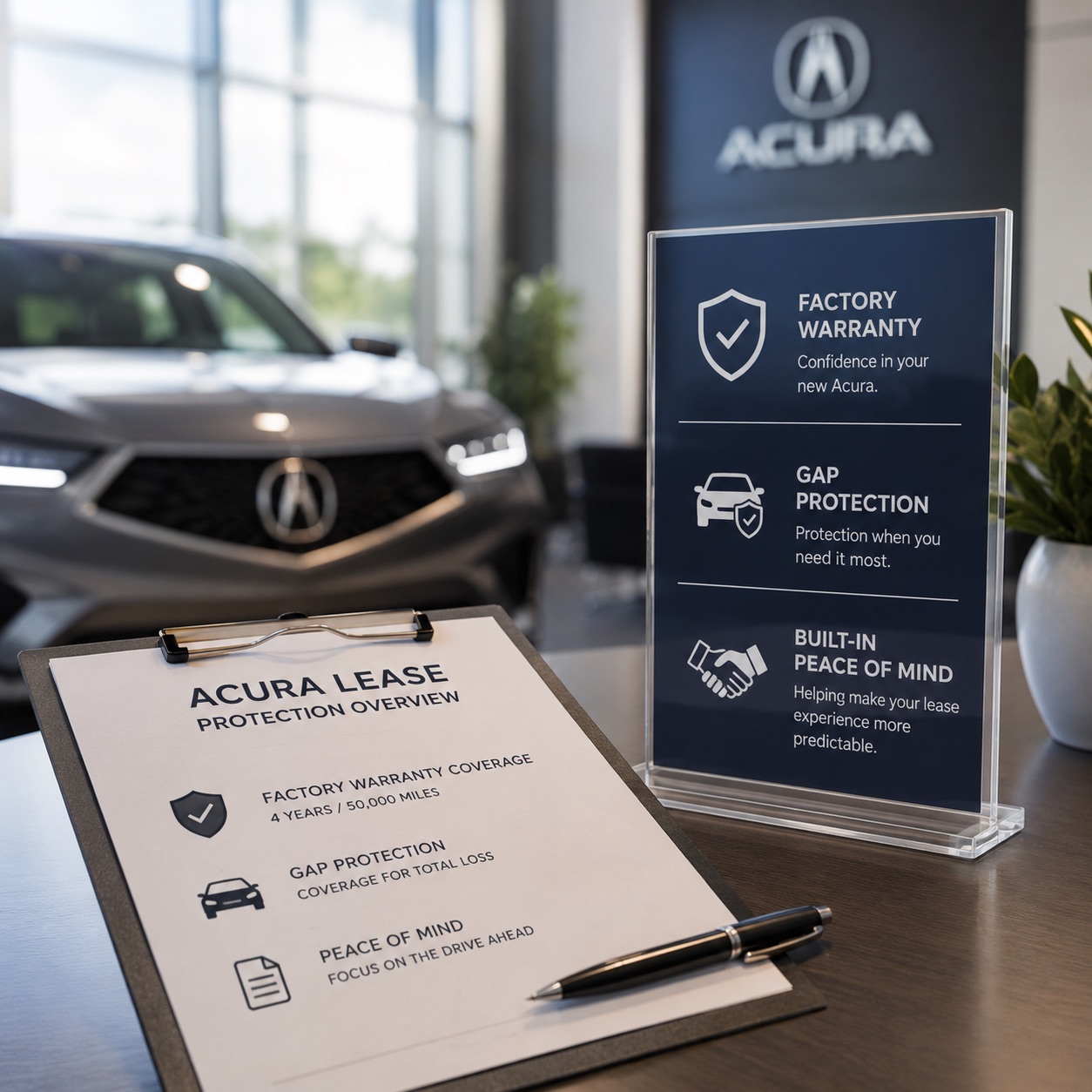 Acura lease protection overview showing factory warranty coverage and GAP protection materials in a modern showroom with a new Acura in the background.