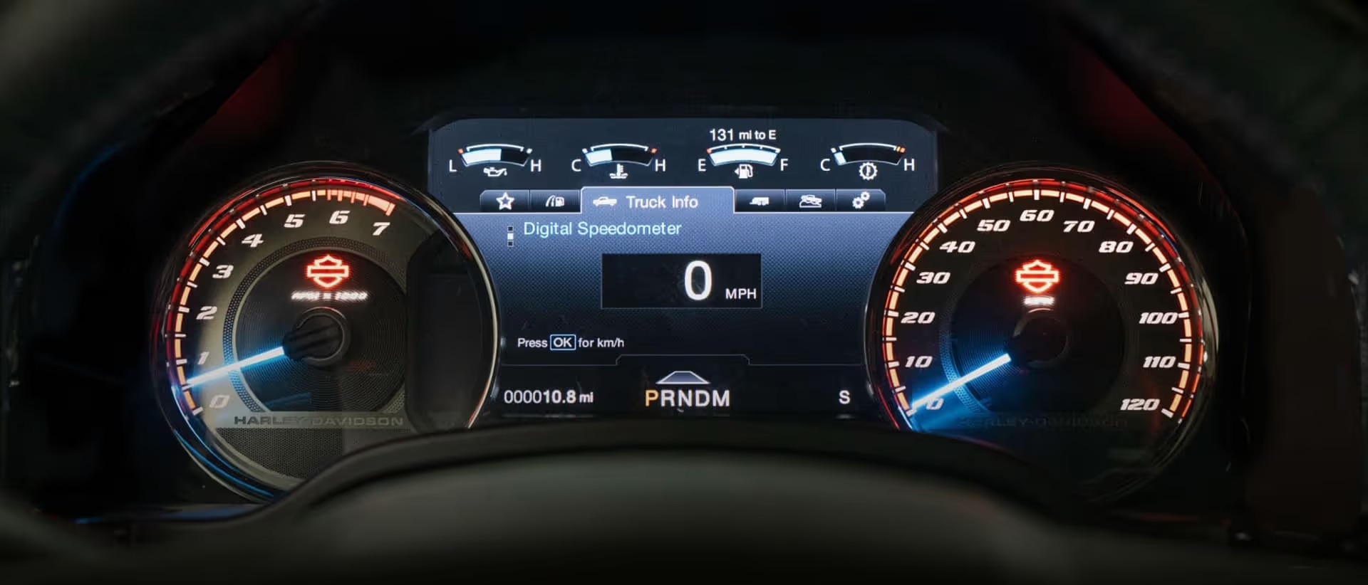 Harley-Davidson F-150 branded gauges inside the specialty truck interior