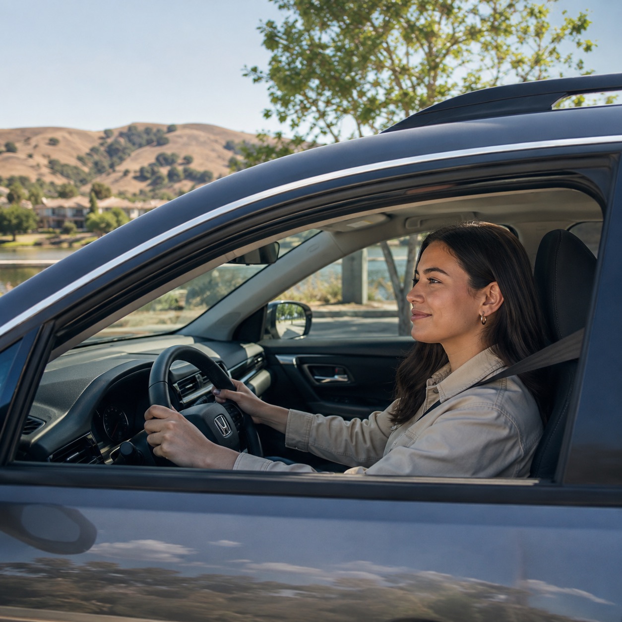 Driver in a Honda vehicle near East Contra Costa County hills and Delta-area roads