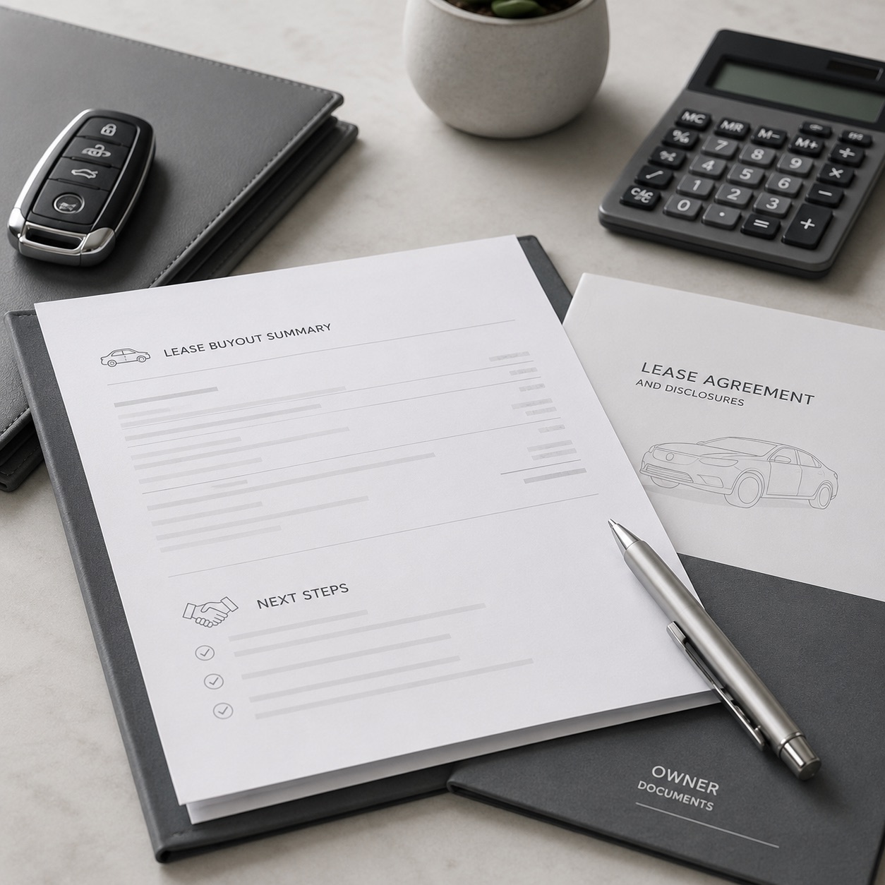 Acura lease buyout paperwork, owner documents, key fob, pen, and calculator arranged on a dealership finance desk