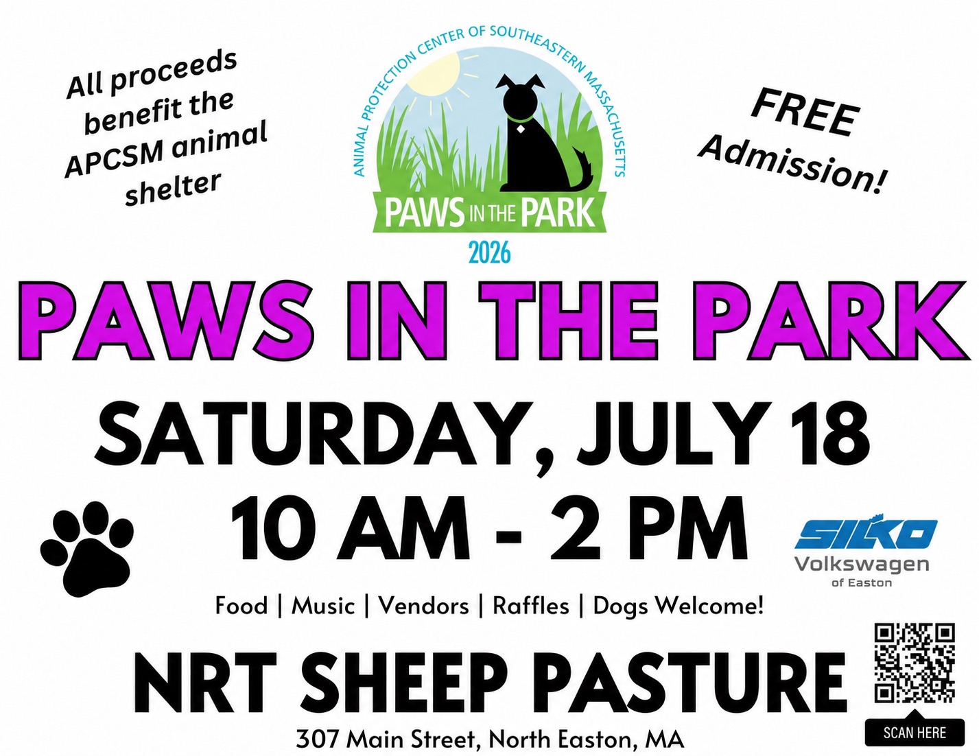 Paws in the Park 2026 flyer for the APCSM animal shelter fundraiser at NRT Sheep Pasture with Silko Volkswagen of Easton sponsorship, free admission, food, music, vendors, raffles, and dogs welcome.