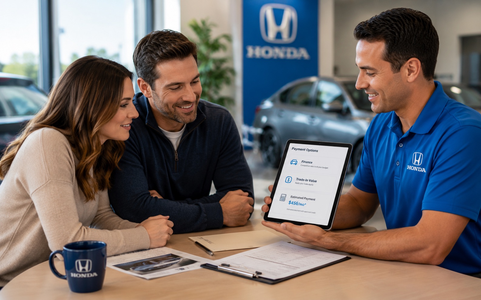 Honda finance specialist reviewing payment options and trade-in value with shoppers at Silko Honda