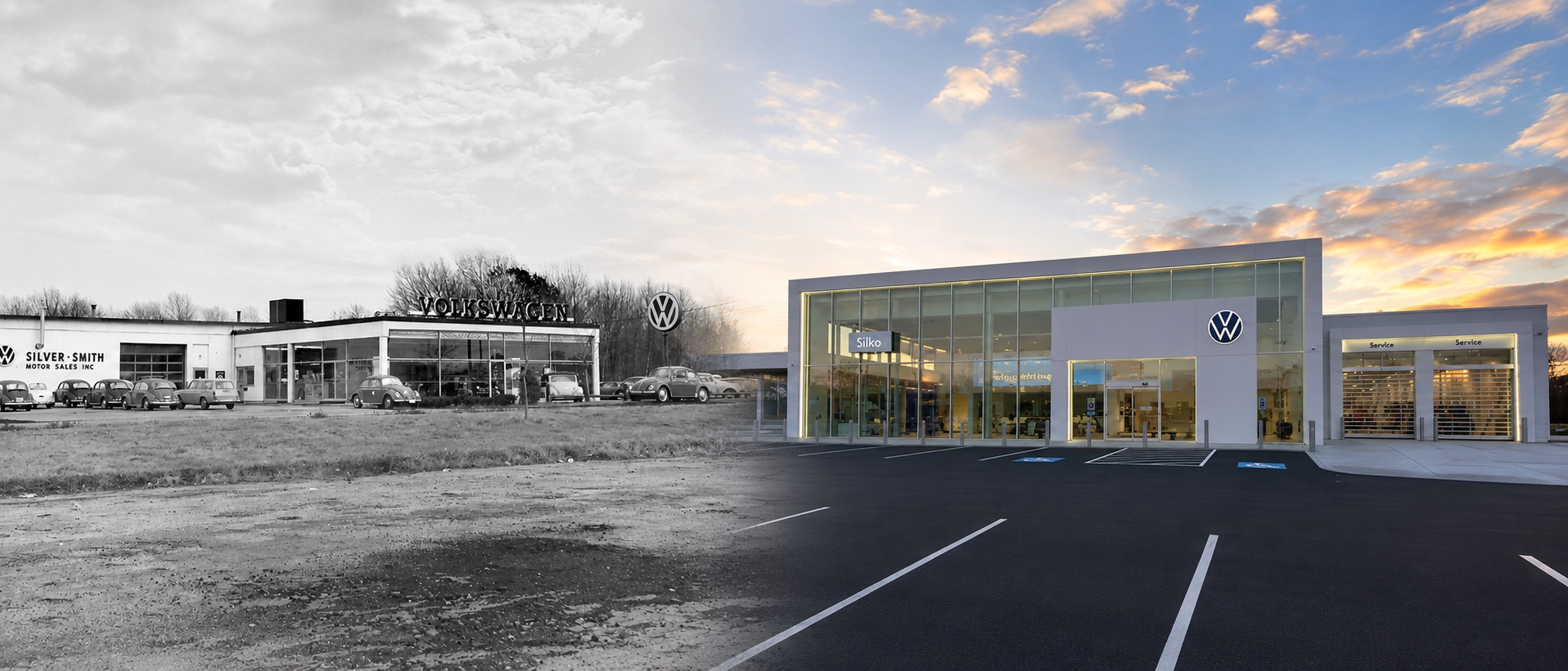 Historic Silver-Smith Volkswagen dealership in Brockton transitioning into the modern Silko Volkswagen showroom to show the dealership’s growth since the mid-1960s.