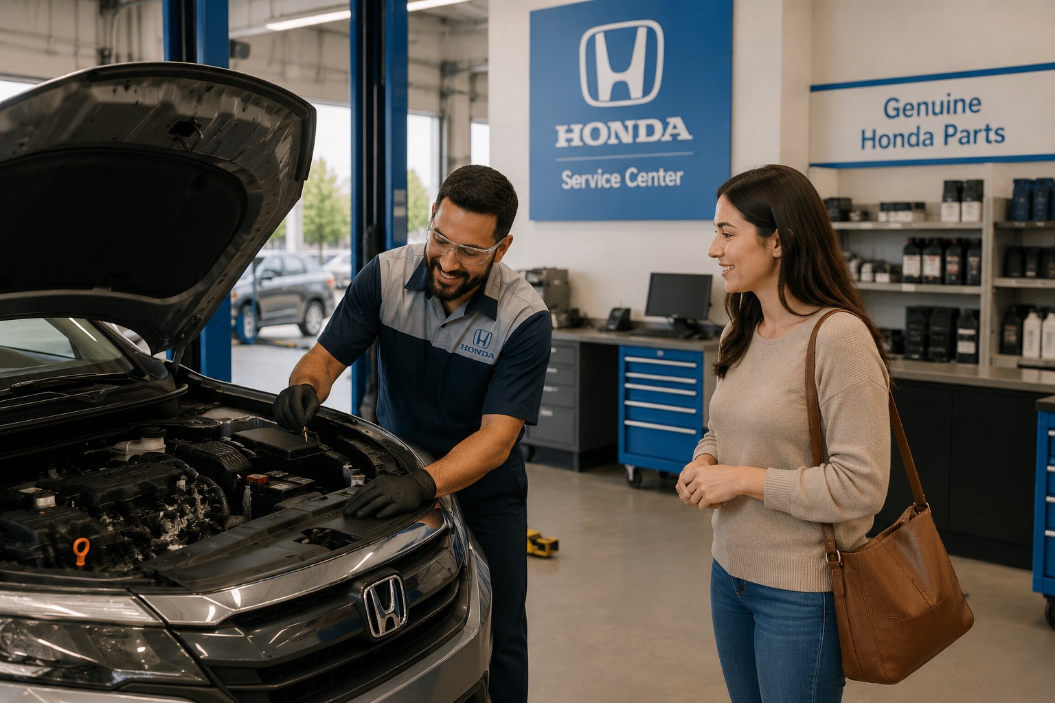Honda technician inspecting a vehicle with a customer inside the Silko Honda service center