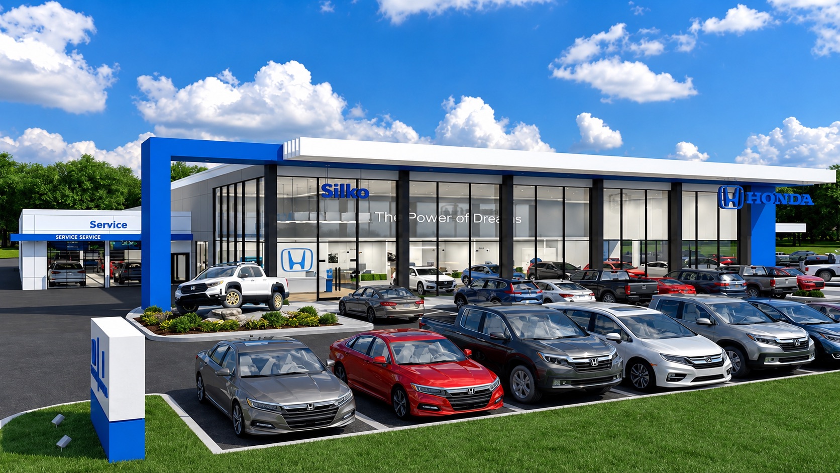 Exterior view of Silko Honda dealership in Raynham Massachusetts with Honda vehicles parked outside under a bright blue sky