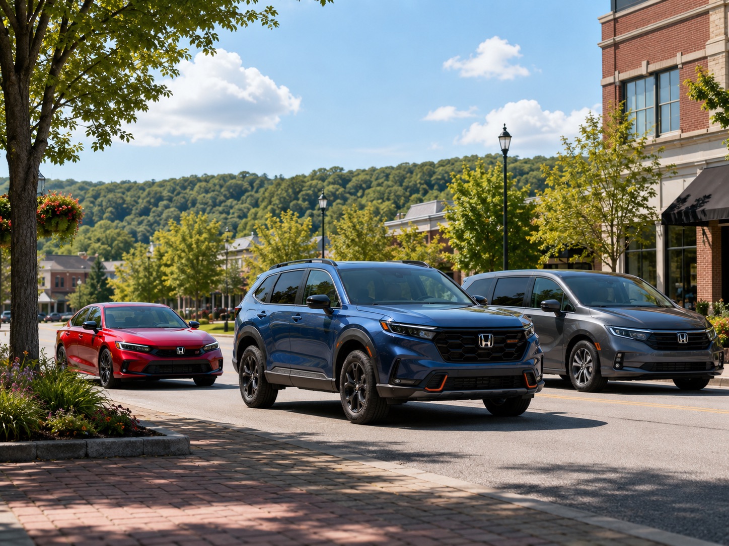 2026 Honda Civic Si, 2026 Honda CR-V TrailSport, and 2026 Honda Odyssey EX-L driving through a Hudson Valley-style suburban street near Middletown Honda