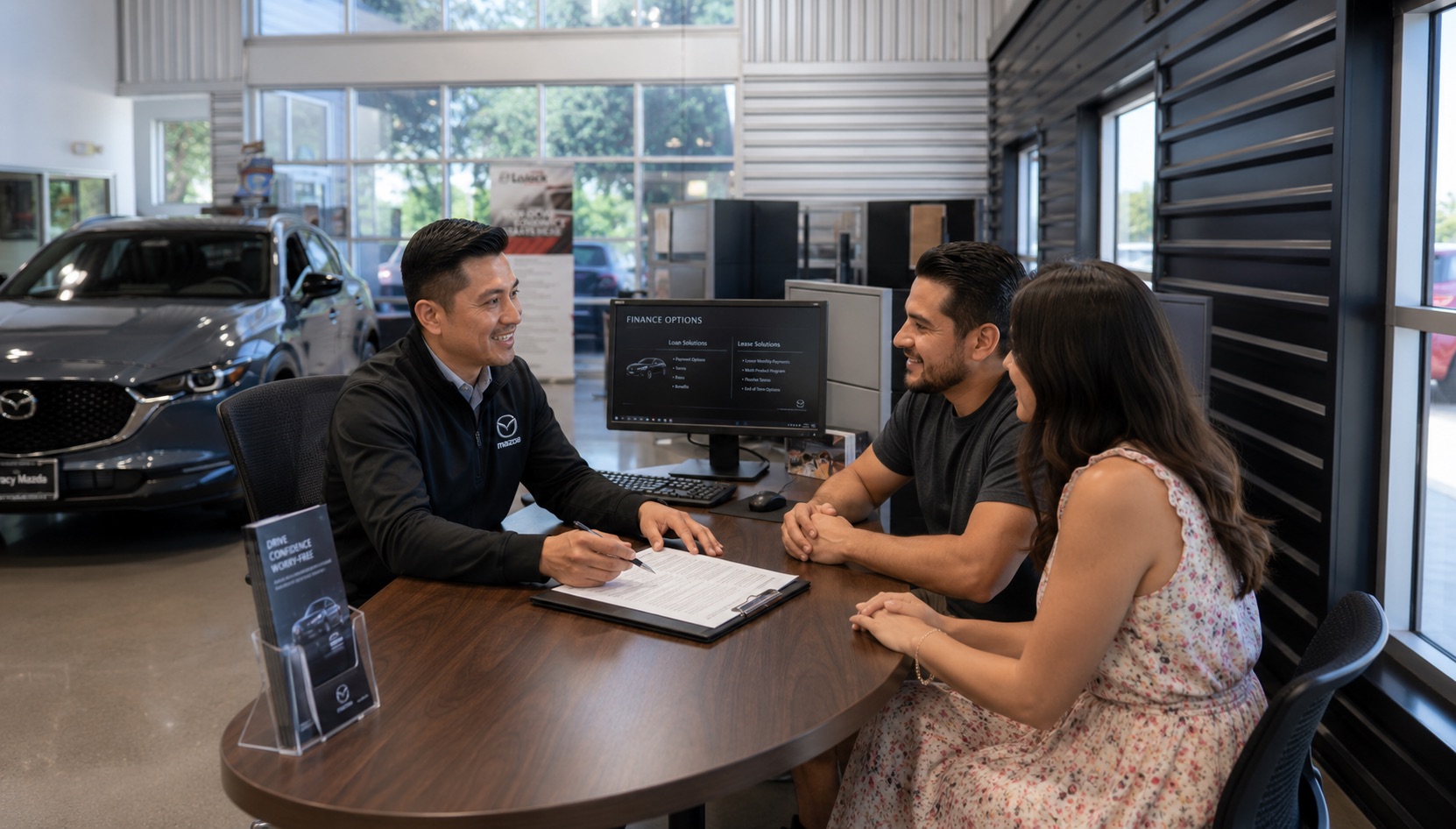 Customer meeting with a Tracy Mazda finance specialist inside the dealership showroom, reviewing vehicle financing options at a consultation desk with a Mazda SUV displayed nearby.