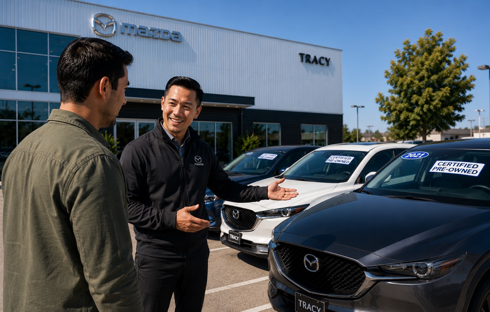 Tracy Mazda salesperson showing a customer used car options in front of the dealership near Stockton CA