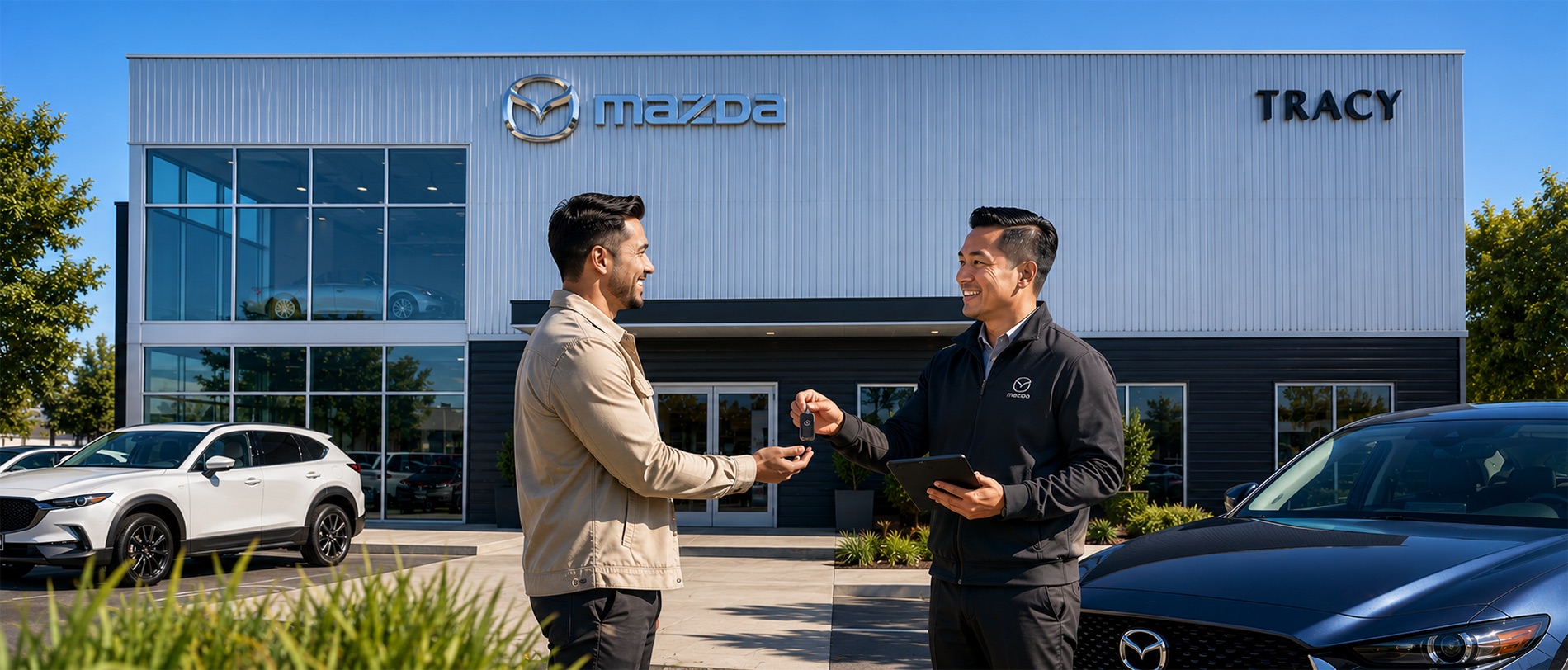 Customer trading in a vehicle at Tracy Mazda, exchanging keys with a dealership representative in front of the modern Tracy Mazda showroom on a sunny day, with Mazda vehicles displayed outside and the Mazda logo prominently visible on the building.