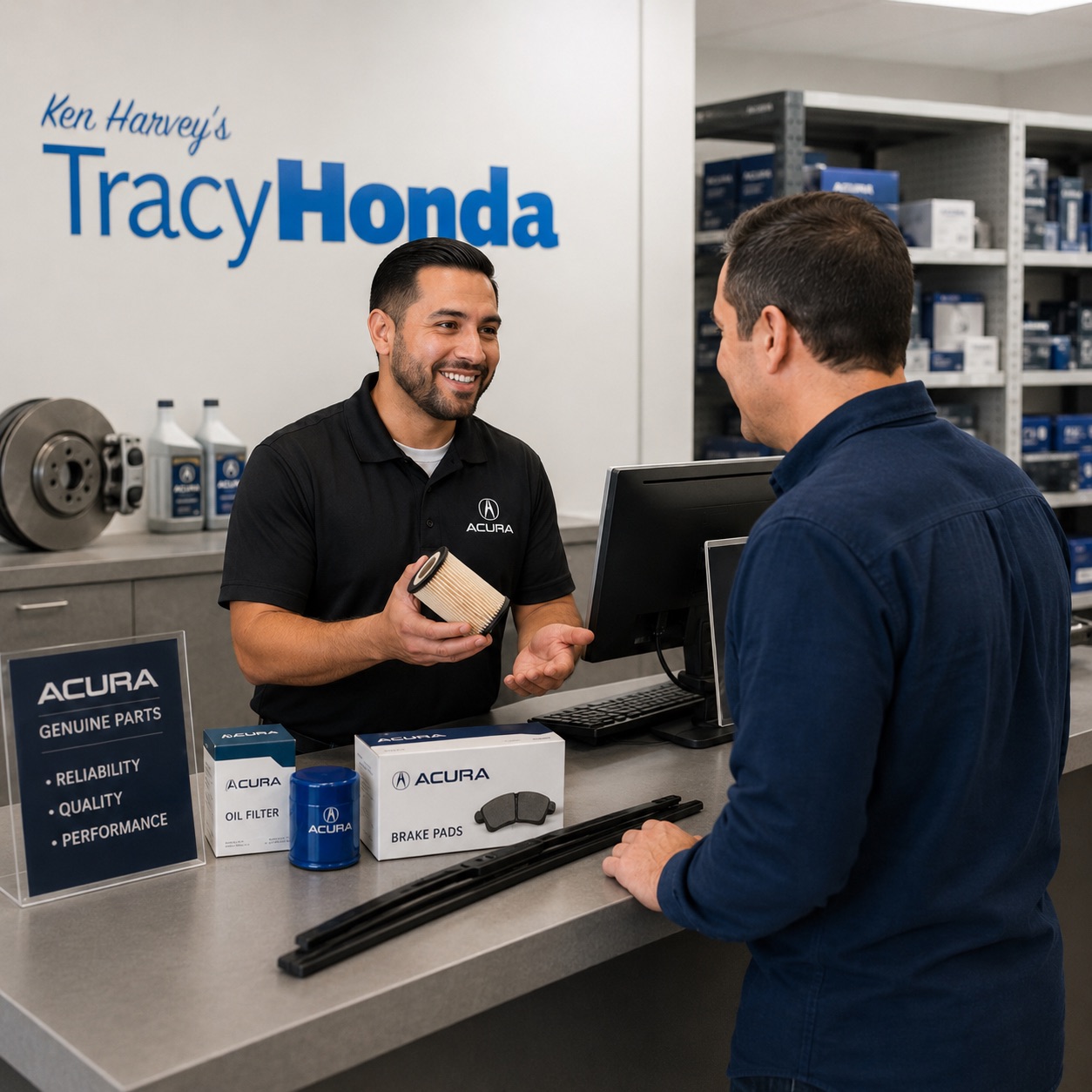 Acura parts specialist helping a customer with fitment questions at the Tracy Honda parts counter