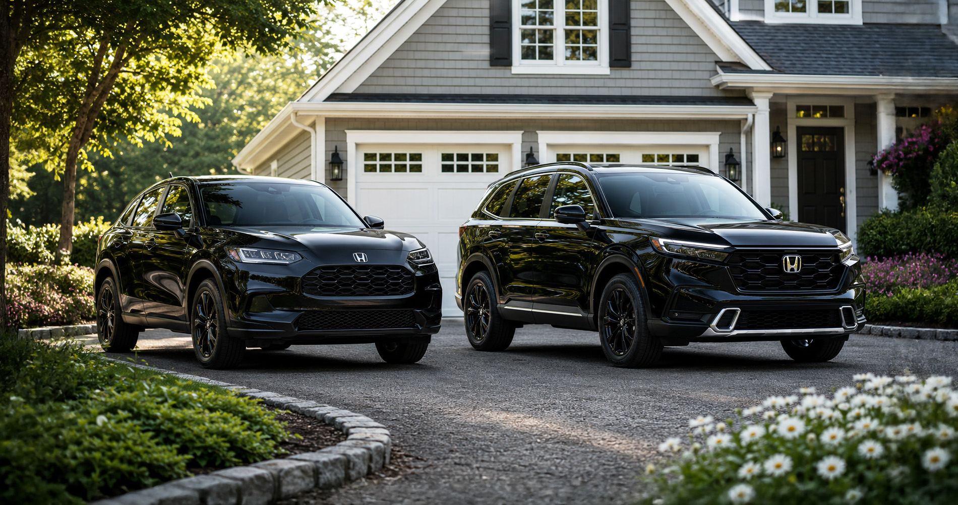 Black Honda CR-V Sport and Honda HR-V Sport SUVs parked in a suburban driveway at sunrise, highlighting size and styling differences.