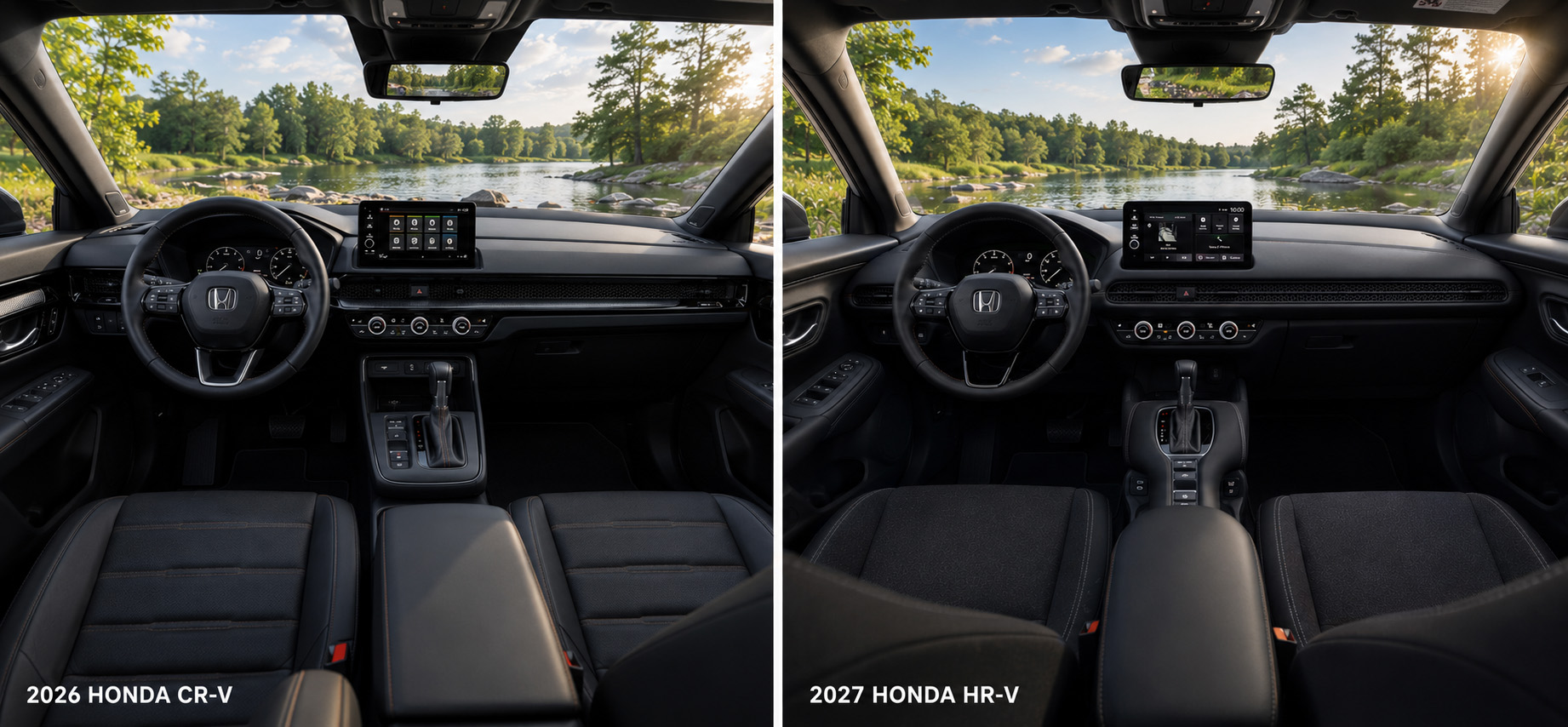Side-by-side view of Honda CR-V and Honda HR-V cabins showing dashboard layouts, touchscreen displays, and trim details.