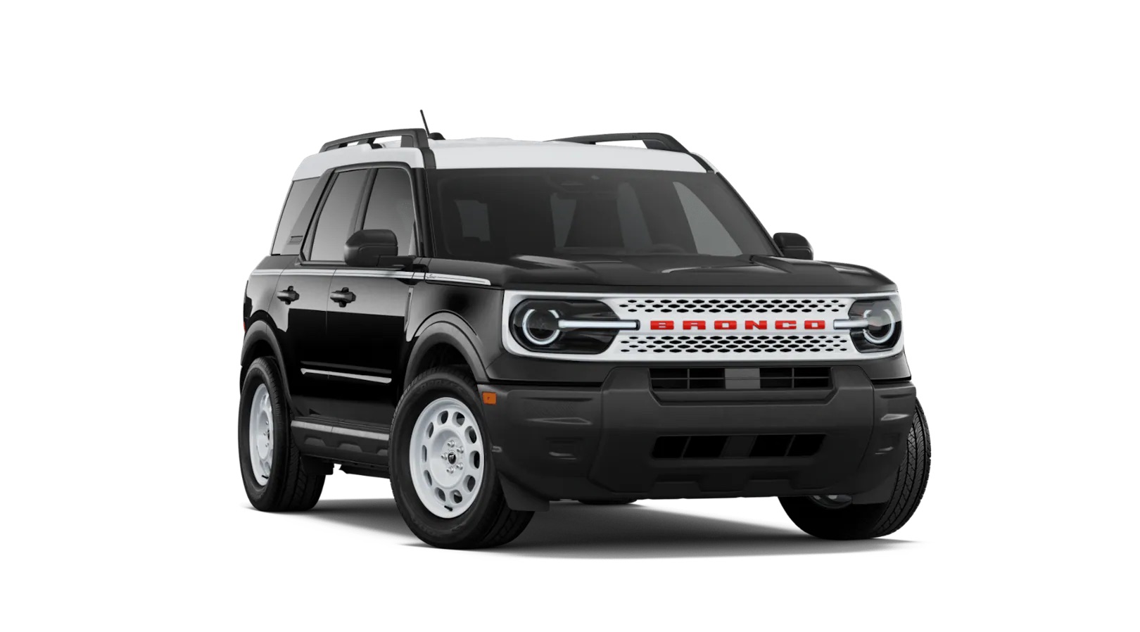 2026 Ford Bronco Sport Heritage trim level image highlighting its Oxford White roof grille wheels and retro-inspired design.