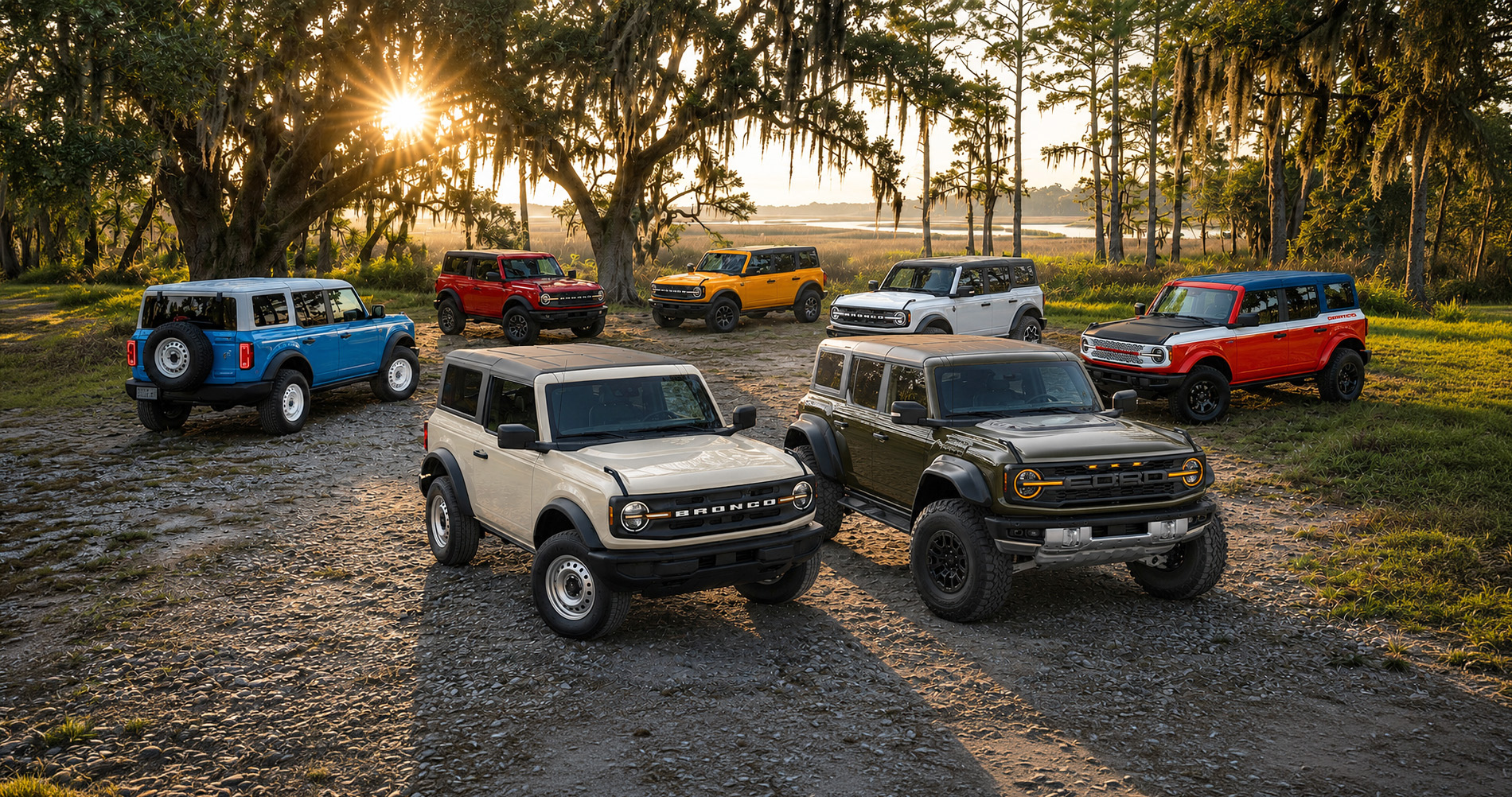 Seven Ford Bronco SUVs in blue red orange white beige and dark green parked outdoors at sunset showcasing full trim range.