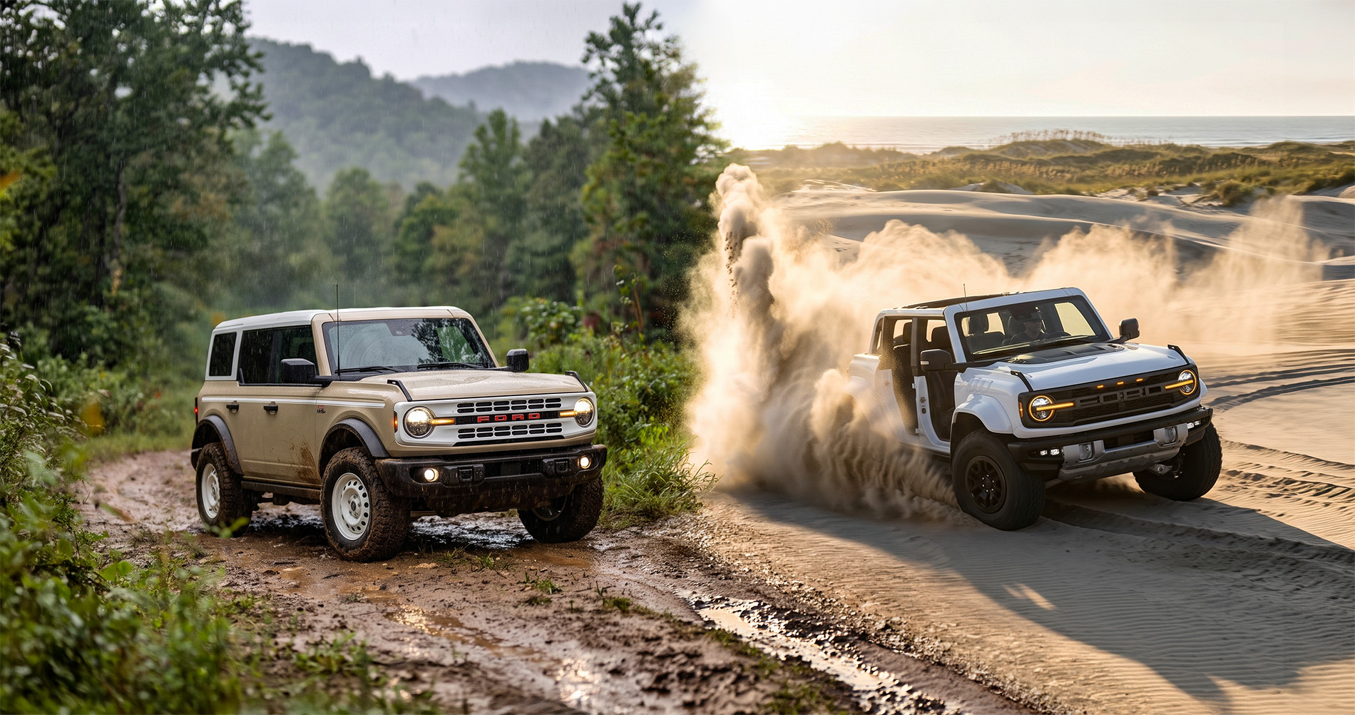 Ford Bronco Heritage Edition driving through muddy forest trail and Bronco Raptor kicking up sand on beach emphasizing off road capability.