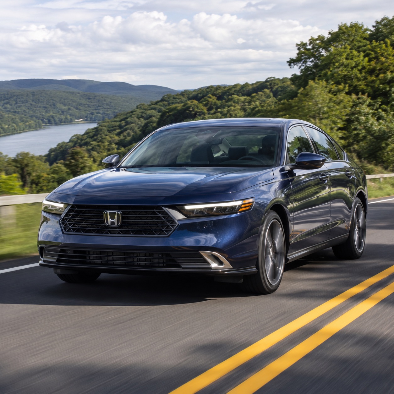 2026 Honda Accord Touring Hybrid on a scenic Hudson Valley road near Middletown with rolling hills in the background