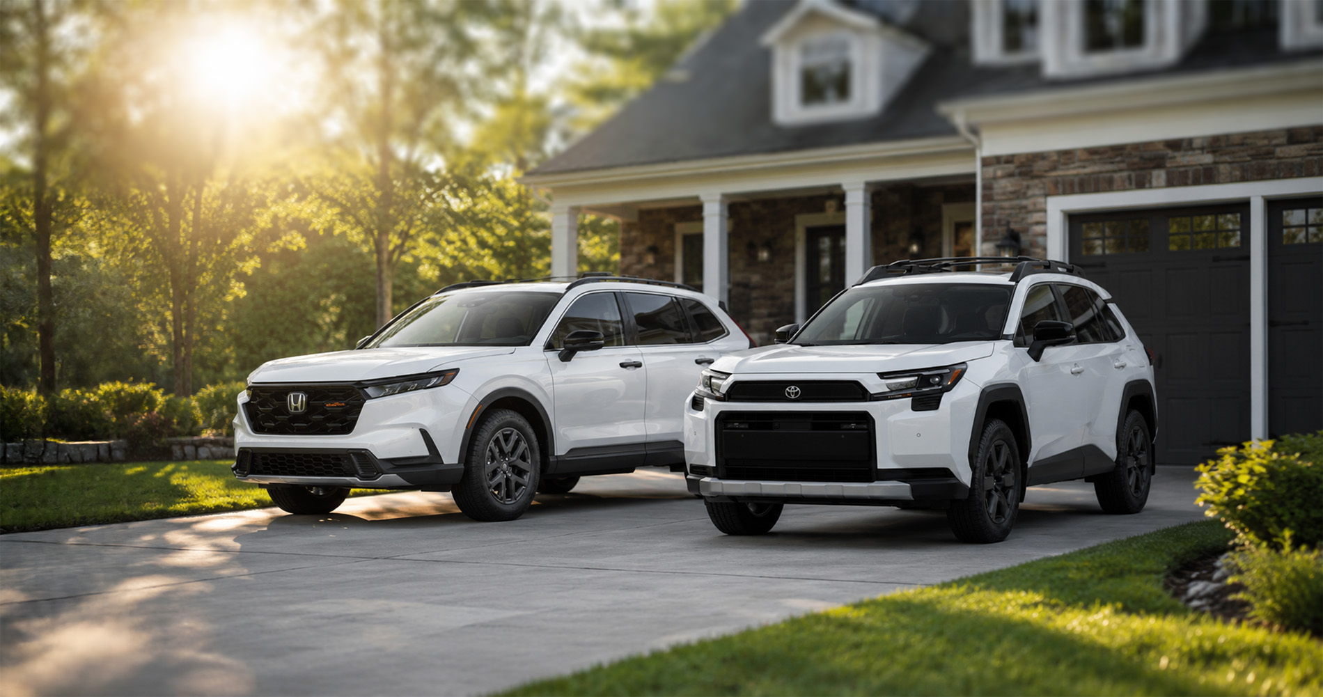 Honda CR-V TrailSport Hybrid and Toyota RAV4 Woodland parked side by side in a driveway at sunrise.