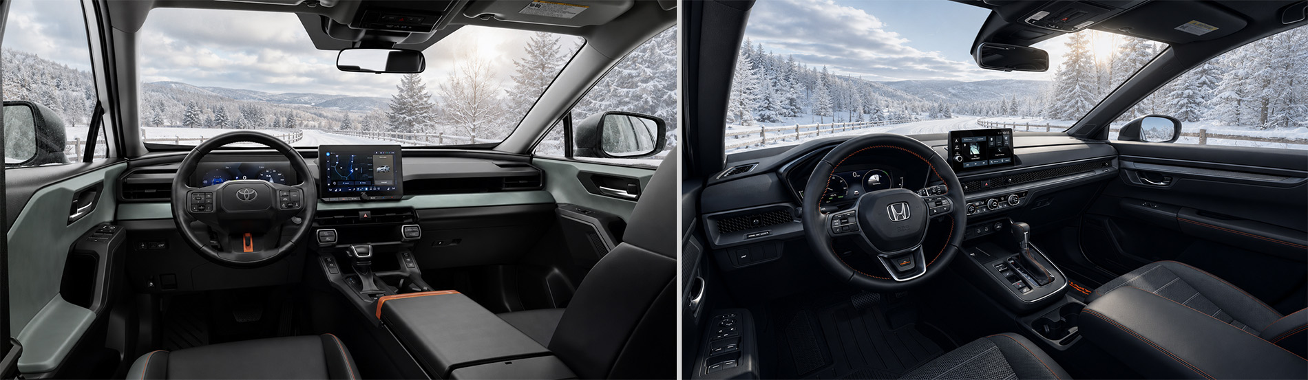 Honda CR-V TrailSport Hybrid and Toyota RAV4 Woodland interiors shown side by side.