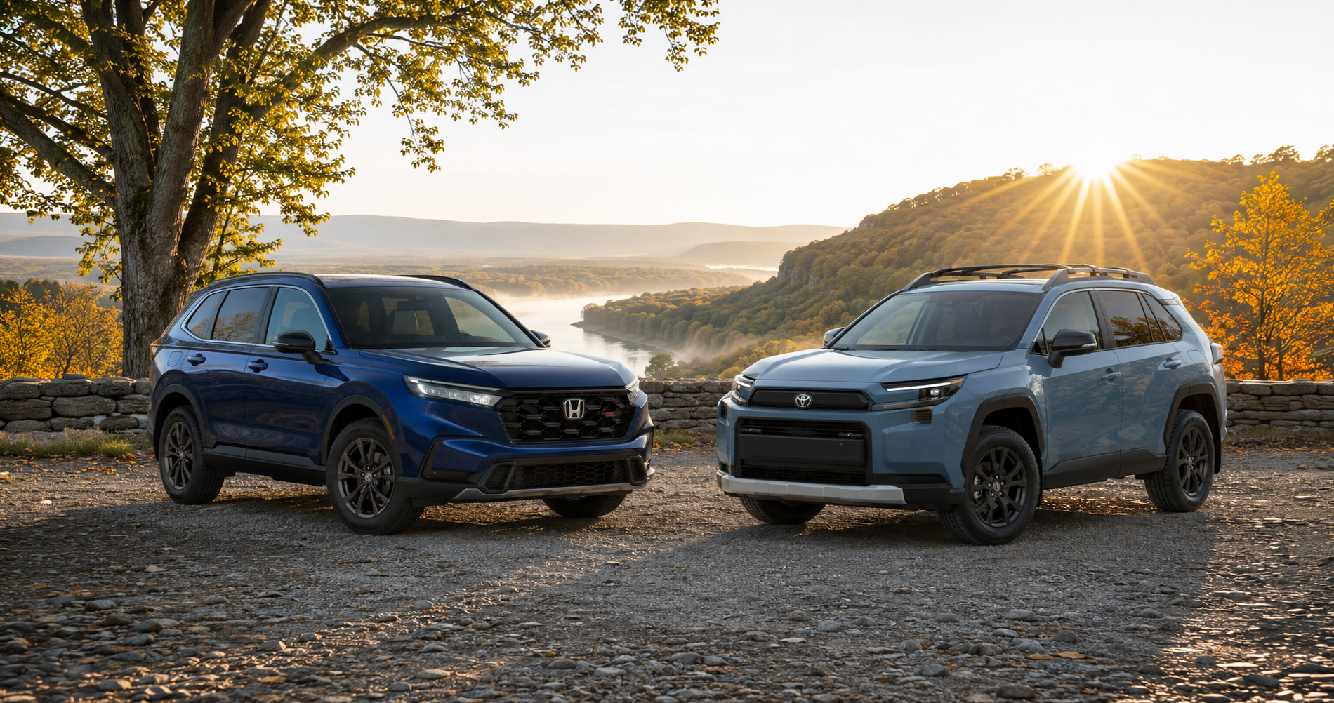 Honda CR-V TrailSport Hybrid and Toyota RAV4 Woodland parked beside a river overlook at sunset.