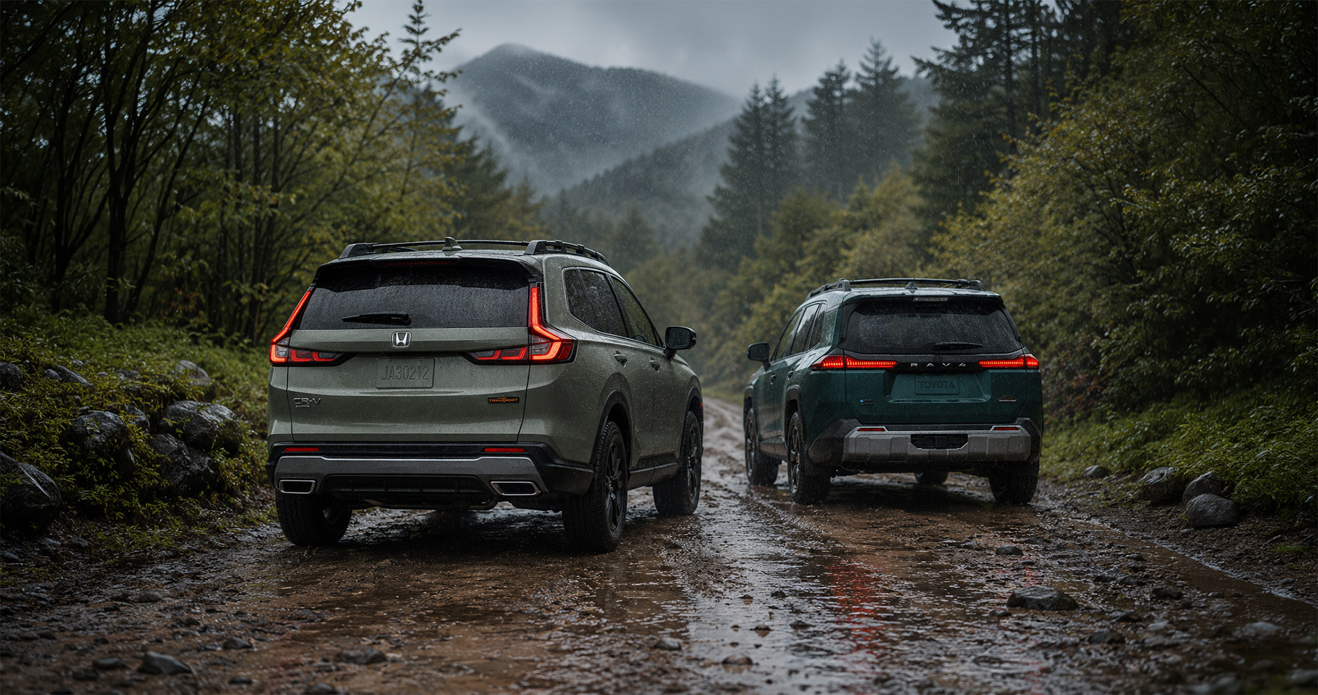 Honda CR-V TrailSport Hybrid and Toyota RAV4 Woodland driving on a muddy forest access road.