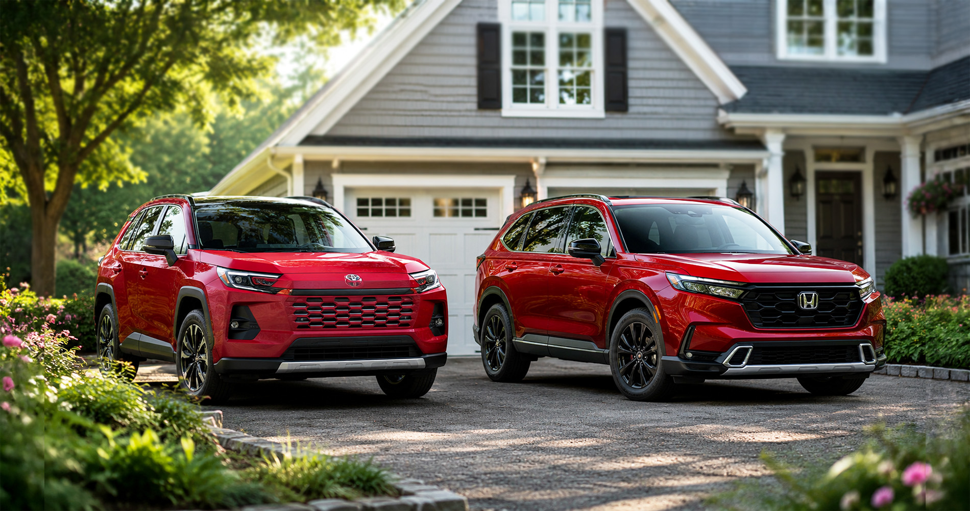 Honda CR-V and Toyota RAV4 compact SUVs parked in a suburban driveway at sunrise, highlighting modern exterior styling and compact SUV design differences.