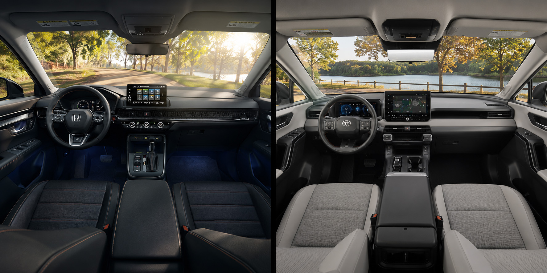 Side-by-side view of Honda CR-V and Toyota RAV4 cabin layouts, showing dashboards, touchscreen displays, and interior design differences.