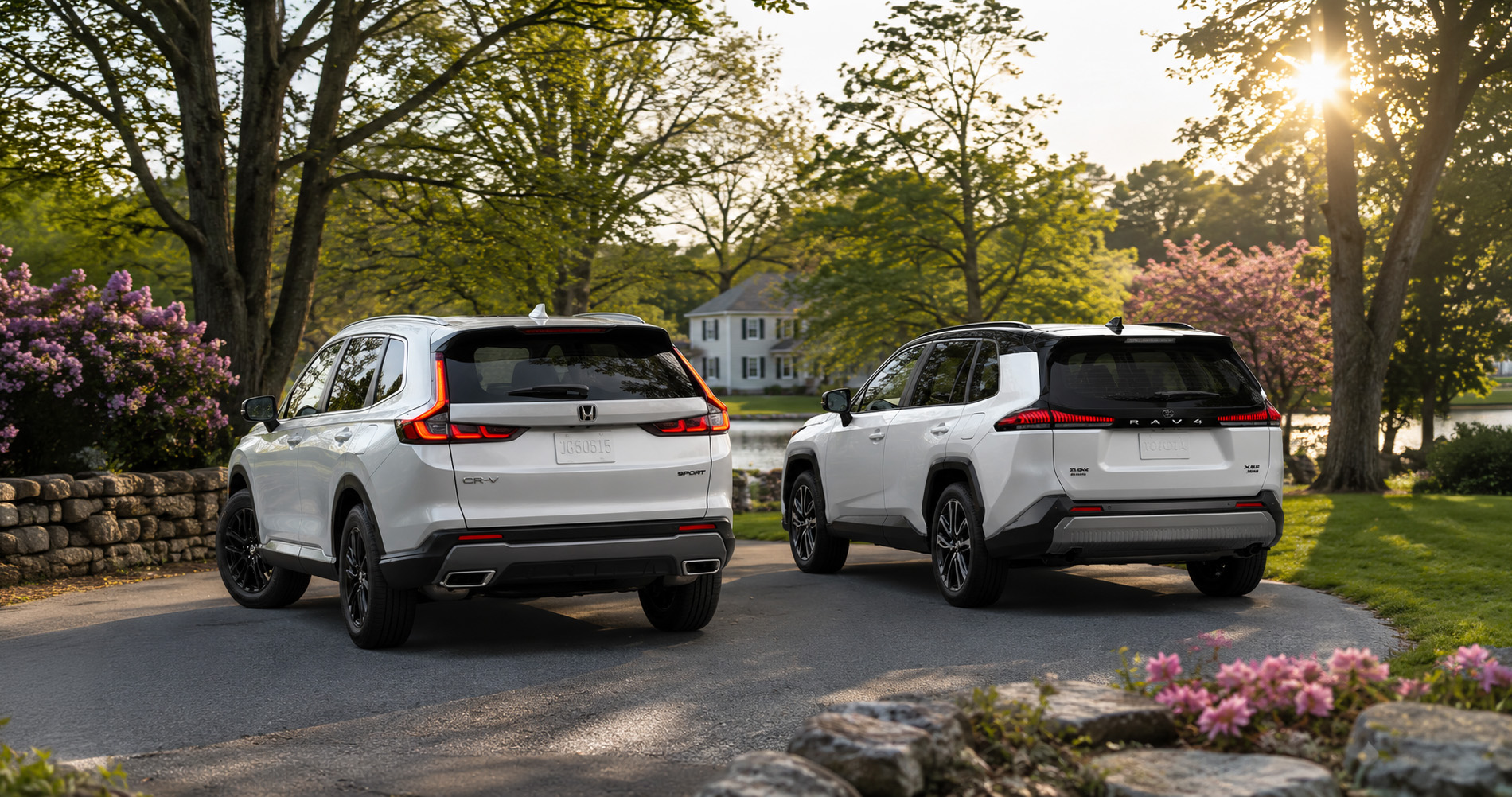 Honda CR-V and Toyota RAV4 compact SUVs parked on a curved driveway surrounded by trees and flowers, emphasizing rear design and compact SUV styling.
