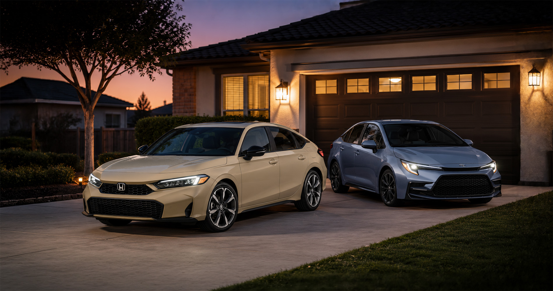 Beige Honda Civic and silver Toyota Corolla parked side by side in driveway at sunset highlighting design and trim differences.
