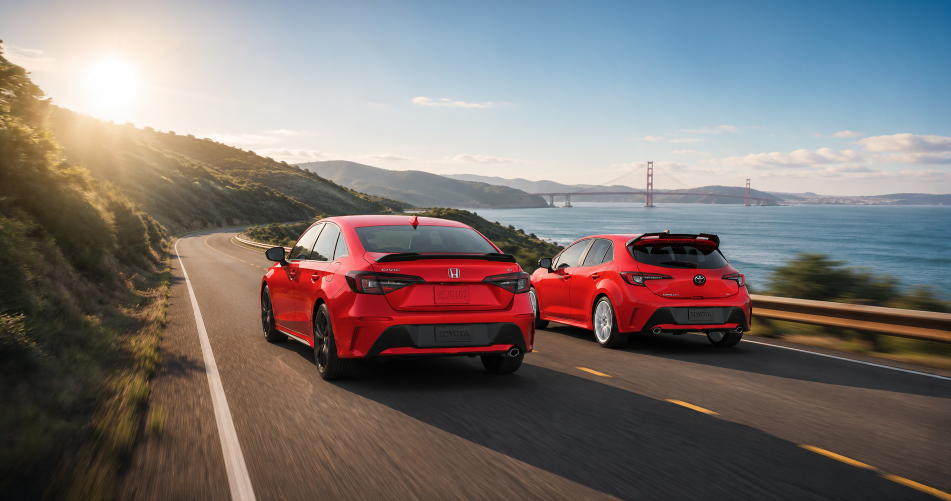 Red Honda Civic and red Toyota Corolla driving along coastal highway near Golden Gate Bridge at sunrise emphasizing sporty styling and performance.