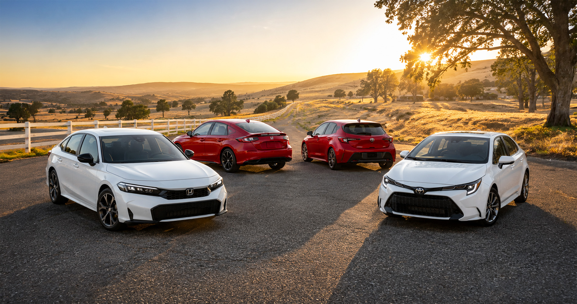 Four Honda and Toyota sedans and hatchbacks in white and red parked on scenic overlook at sunset showcasing full model range.