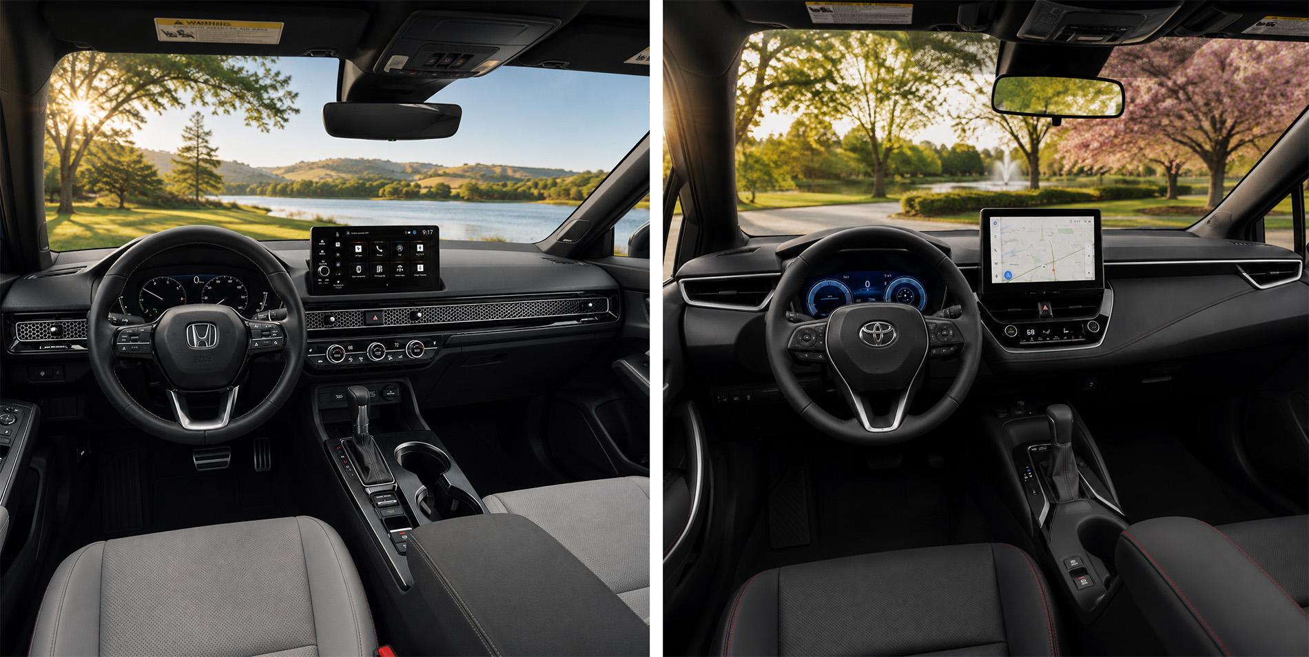 Side by side view of Honda Civic and Toyota Corolla cabins showing dashboard layouts touchscreen displays and steering wheel designs.
