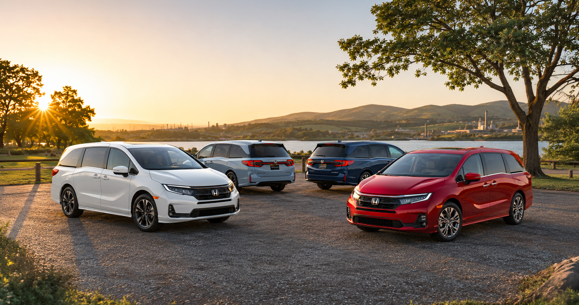 Four Odyssey minivans in white, red, and blue parked lakeside at sunset, displaying full trim range.