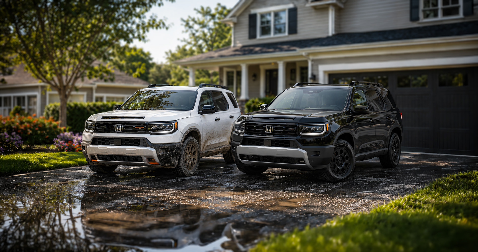White and black Honda Passport TrailSport SUVs parked in driveway with puddles reflecting vehicles and greenery.