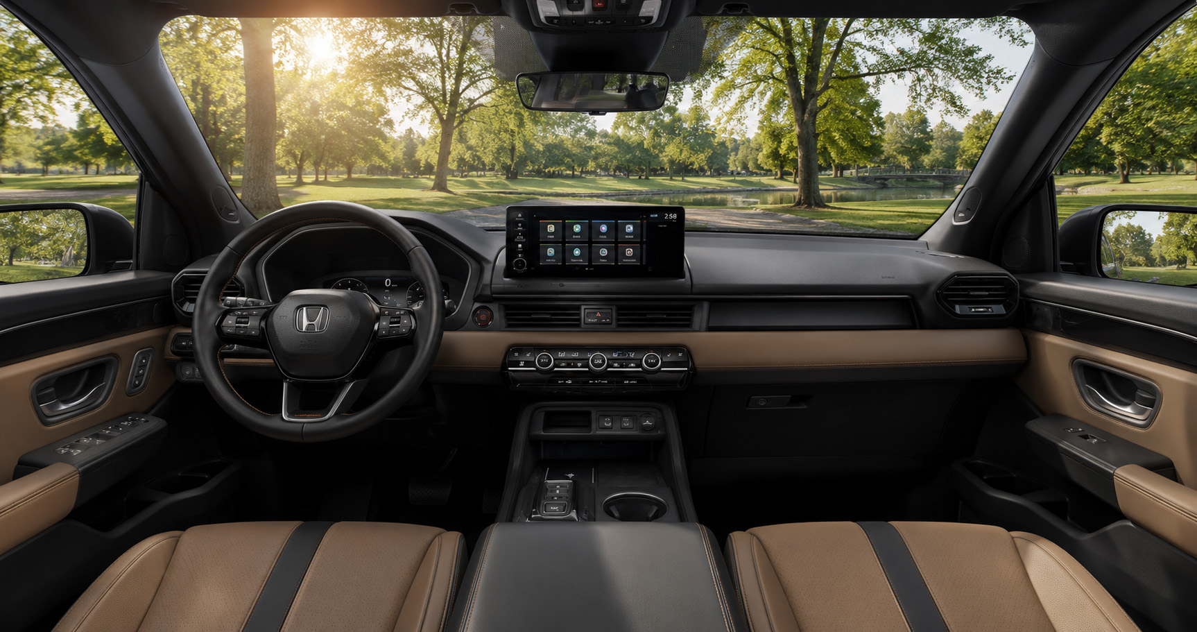 Tan and black Honda Passport cabin with touchscreen display and leather seats showcasing modern design and comfort.