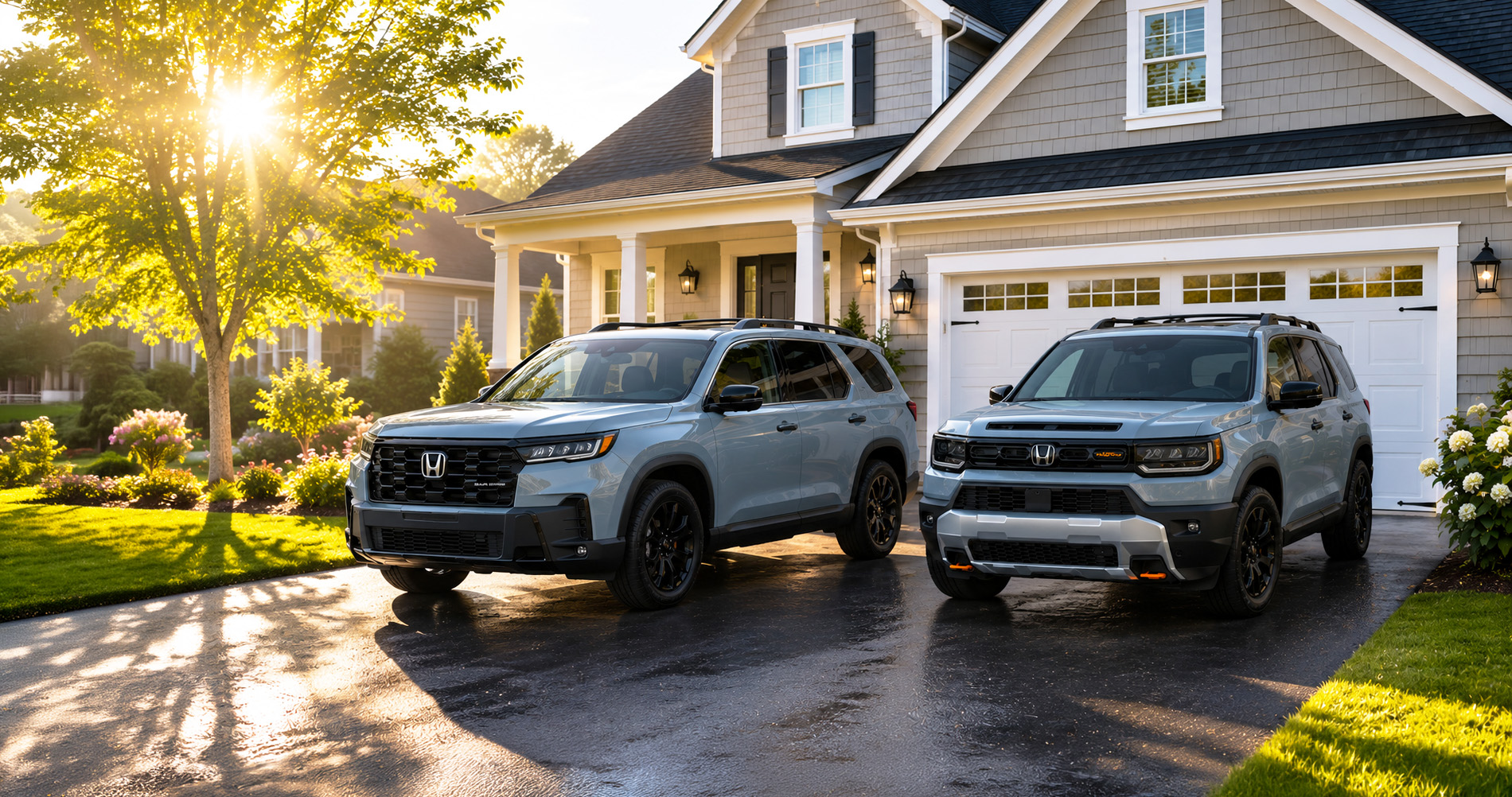 Two light-gray Honda SUVs parked in a suburban driveway at sunrise.