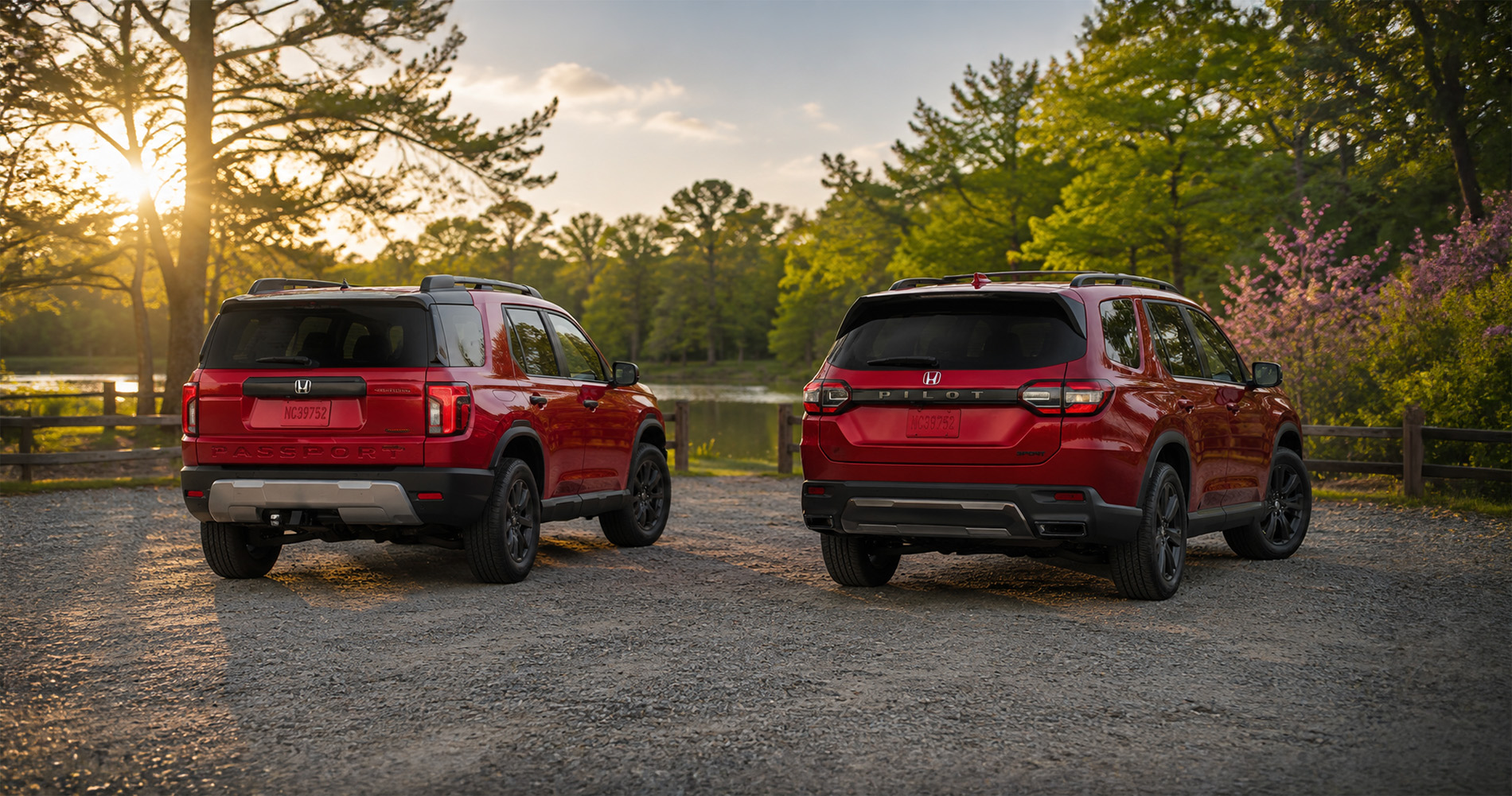 Red Passport and Pilot SUVs parked lakeside at sunset, showcasing rear styling and design differences.