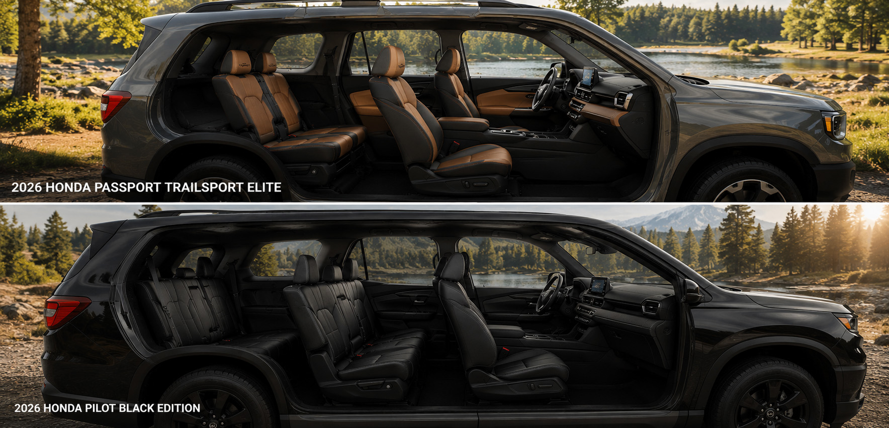Side-by-side cutout view of Pilot and Passport interior across all rows of seating.