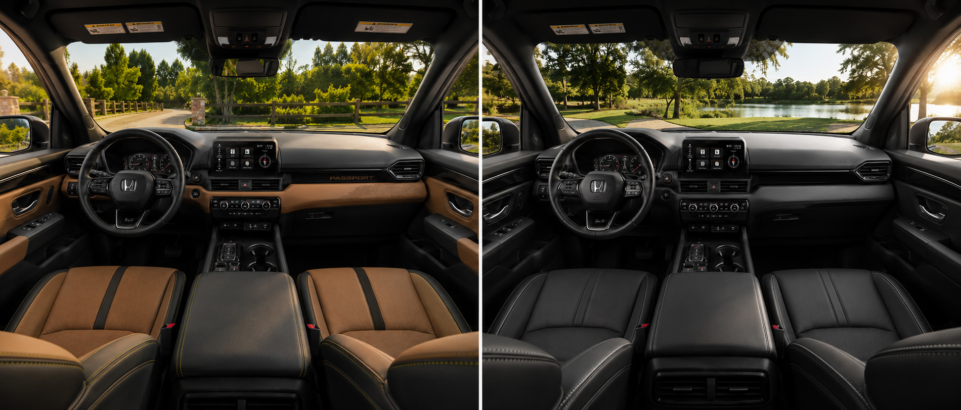 Side-by-side view of Pilot and Passport cabins, highlighting trim-level interior materials and dashboard design.