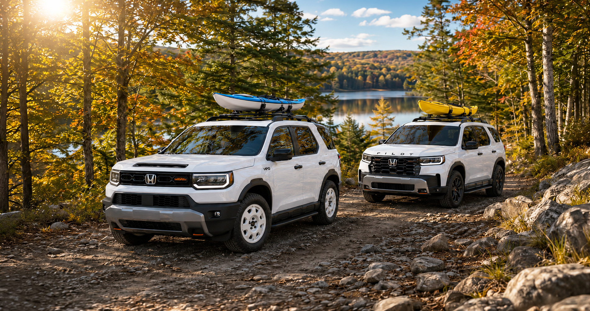 White Passport TrailSport and Pilot TrailSport SUVs with kayaks on roof racks driving near a forest lake.
