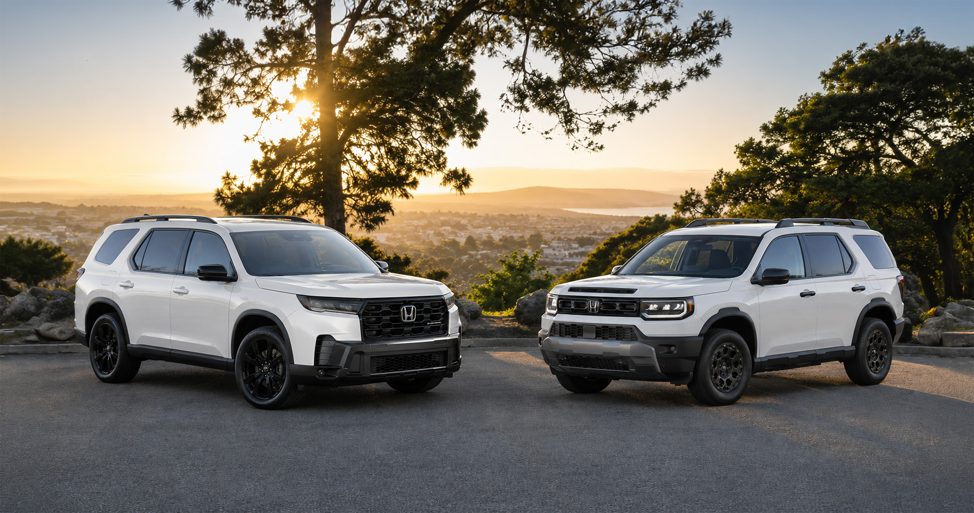 Two white Honda SUVs parked side by side on overlook at sunset showcasing design differences between Passport and Pilot trims.