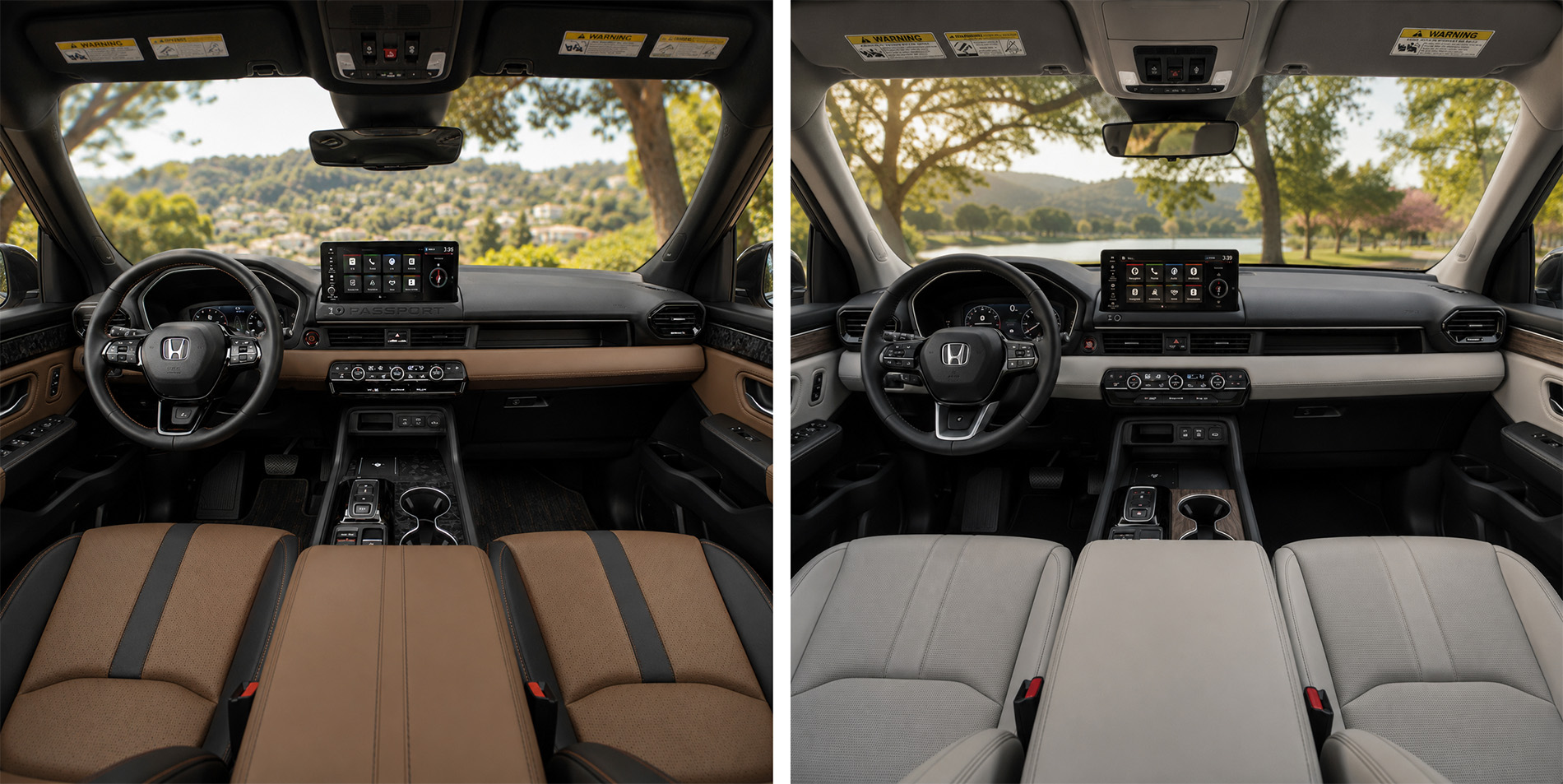 Side by side view of Honda Passport and Honda Pilot cabins showing dashboard layouts touchscreen displays and seat materials in brown and beige.
