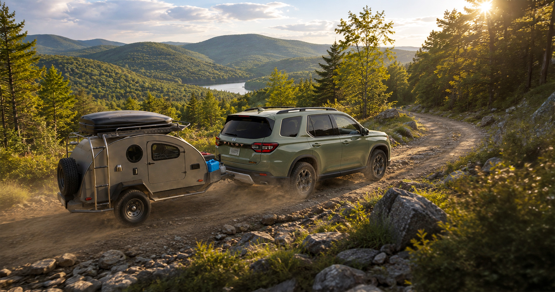Green Honda Pilot TrailSport towing small camper on rocky mountain road at sunset emphasizing off road capability.