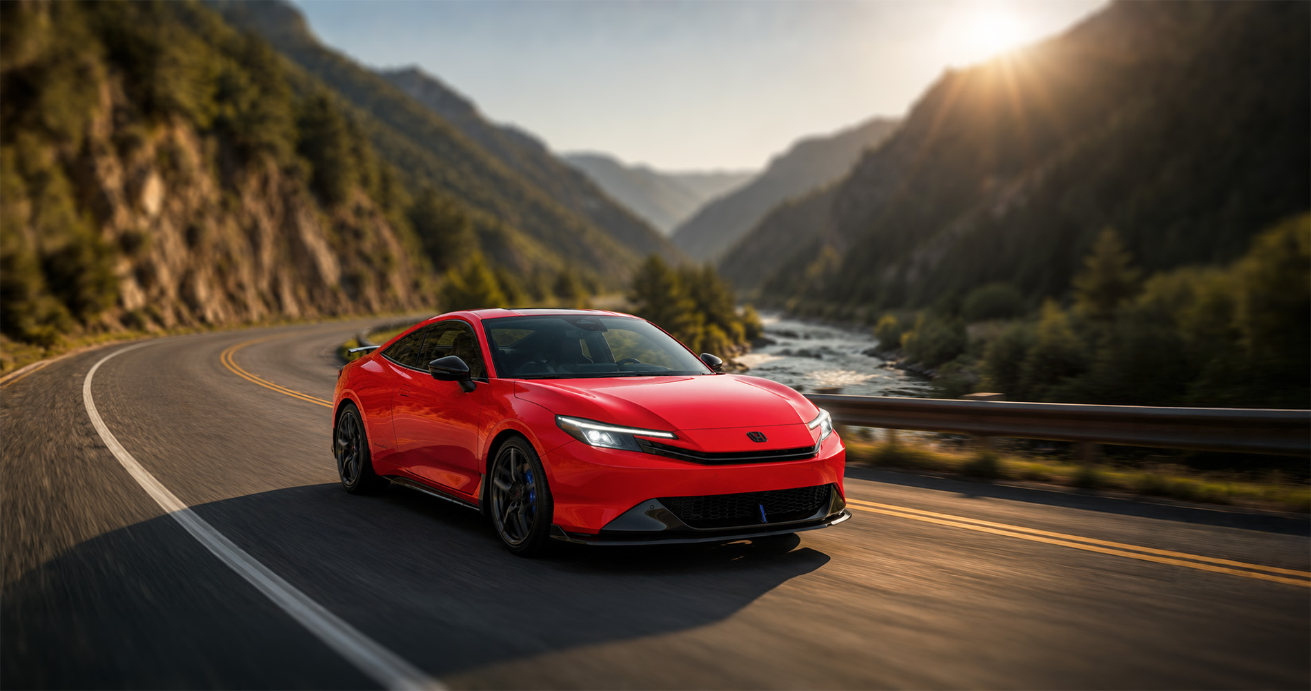 Red Prelude driving through winding mountain road at sunset, highlighting dynamic handling and sporty character.