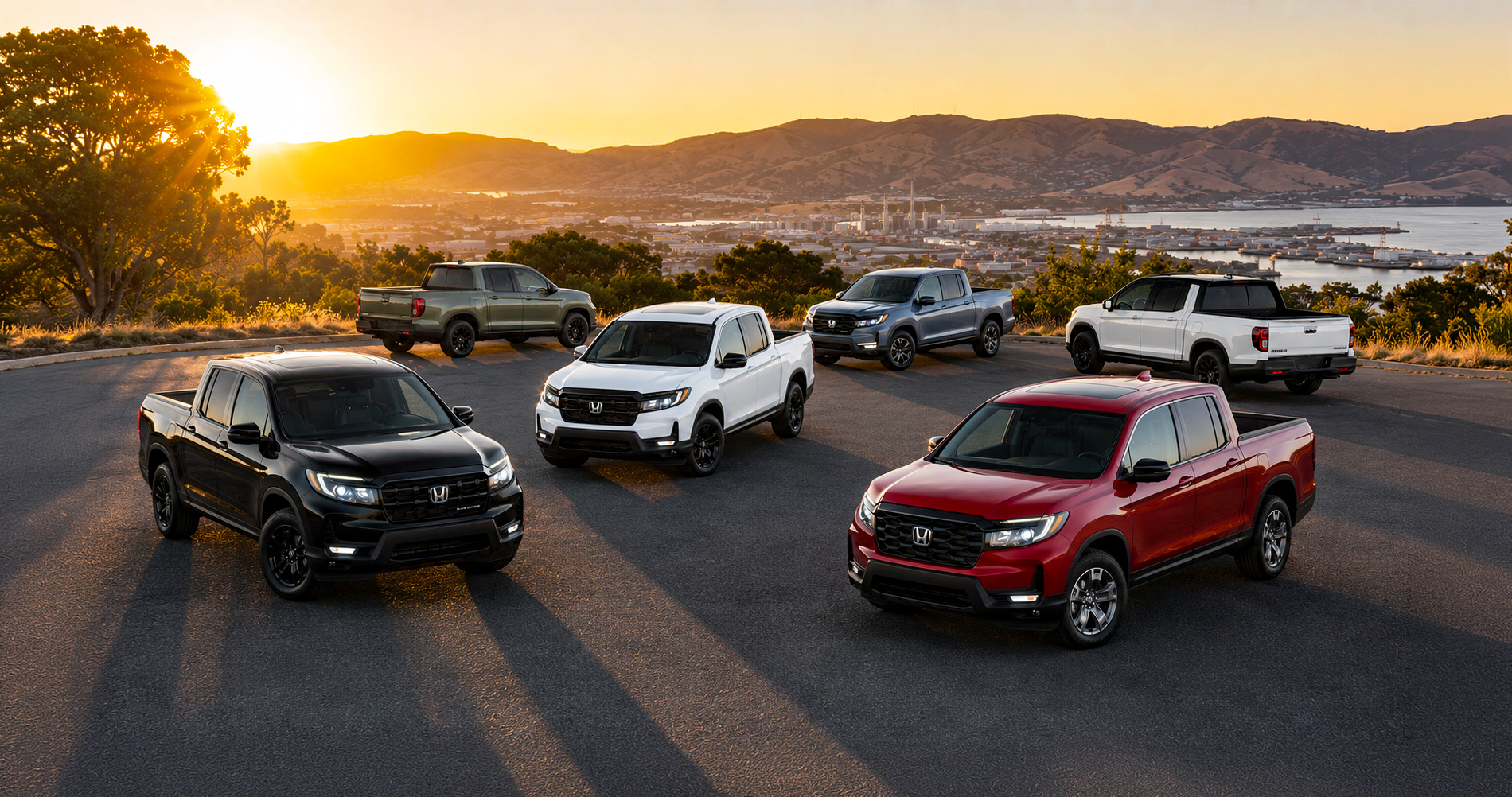 Six Ridgeline trucks in various colors parked on overlook at sunset with city and bay in background.