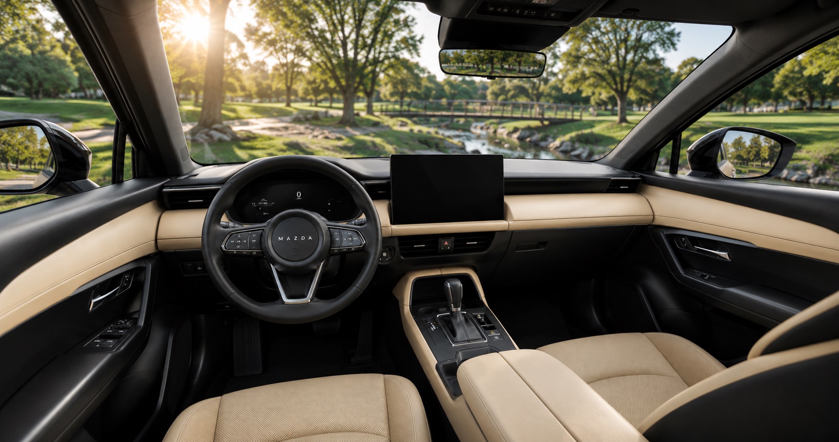Beige and black Mazda CX‑5 cabin with digital display and center console showcasing premium materials and modern design.